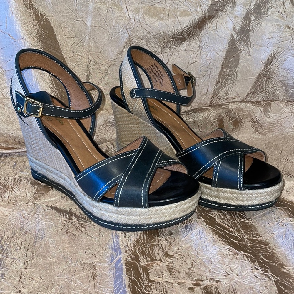 Clarks Indigo Black Amelia Air Leather Espadrille Wedges Size 8.5